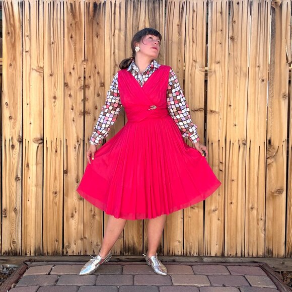 Vintage 60s Dress Fit Flare Chiffon Hot Pink Fuchsia Sleeveless V Neck Size M/L - Picture 5 of 12